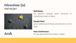 Direction (n)
/daɪˈrek.ʃən/
Definition:
the position towards which someone or
something moves or faces.
Simple Past:
Johan walked according to the direction on the
map
Past Continuous:
He was giving directions when I asked.
Arah
 