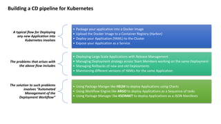 Building a CD pipeline for Kubernetes
A typical flow for Deploying
any new Application into
Kubernetes involves
• Package your application into a Docker Image
• Upload the Docker Image to a Container Registry (Harbor)
• Deploy your Application (YAML) to the Cluster
• Expose your Application as a Service
The problems that arises with
the above flow includes
• Deploying Large Scale Applications with Release Management
• Managing Deployment strategy across Team Members working on the same Deployment
• Managing Rollbacks of new and old Deployments
• Maintaining different versions of YAMLs for the same Application
The solution to such problems
involves “Automated
Management of the
Deployment Workflow”
• Using Package Manger like HELM to deploy Applications using Charts
• Using Workflow Engine like ARGO to deploy Applications as a Sequence of tasks
• Using Package Manager like KSONNET to deploy Applications as a JSON Manifests
 