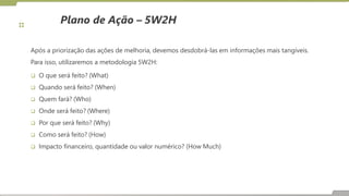 Plano de Ação – 5W2H
Após a priorização das ações de melhoria, devemos desdobrá-las em informações mais tangíveis.
Para isso, utilizaremos a metodologia 5W2H:
 O que será feito? (What)
 Quando será feito? (When)
 Quem fará? (Who)
 Onde será feito? (Where)
 Por que será feito? (Why)
 Como será feito? (How)
 Impacto financeiro, quantidade ou valor numérico? (How Much)
 