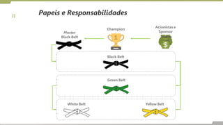 Papeis e Responsabilidades
White Belt Yellow Belt
Green Belt
Black Belt
Master
Black Belt
Champion
Acionistas e
Sponsor
 