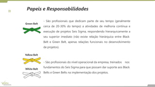 Papeis e Responsabilidades
White Belt
Green Belt
- São profissionais que dedicam parte de seu tempo (geralmente
cerca de 20-30% do tempo) a atividades de melhoria contínua e
execução de projetos Seis Sigma, respondendo hierarquicamente a
seu superior imediato (não existe relação hierárquica entre Black
Belt e Green Belt, apenas relações funcionais no desenvolvimento
de projetos).
Yellow Belt
- São profissionais do nível operacional da empresa, treinados nos
fundamentos do Seis Sigma para que possam dar suporte aos Black
Belts e Green Belts na implementação dos projetos.
 
