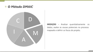 O Método DMAIC
D
C MEDIÇÃO – Analisar quantitativamente os
dados, avaliar as causas potenciais no processo
mapeado e definir os focos do projeto.
I M
A
 