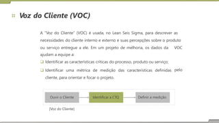 Voz do Cliente (VOC)
A “Voz do Cliente” (VOC) é usada, no Lean Seis Sigma, para descrever as
necessidades do cliente interno e externo e suas percepções sobre o produto
ou serviço entregue a ele. Em um projeto de melhoria, os dados da
ajudam a equipe a:
 Identificar as características críticas do processo, produto ou serviço;
 Identificar uma métrica de medição das características definidas
cliente, para orientar e focar o projeto.
VOC
pelo
[Voz do Cliente]
Ouvir o Cliente Identificar a CTQ Definir a medição
 