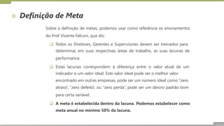 Definição de Meta
Sobre a definição de metas, podemos usar como referência os ensinamentos
do Prof. Vicente Falconi, que diz:
 Todos os Diretores, Gerentes e Supervisores devem ser treinados para
determinar, em suas respectivas áreas de trabalho, as suas lacunas de
performance.
 Estas lacunas correspondem à diferença entre o valor atual de um
indicador e um valor ideal. Este valor ideal pode ser o melhor valor
encontrado em outras empresas, pode ser um número ideal como “zero
atraso”, “zero defeito”, ou “zero perda”, pode ser um desvio padrão bom
para certa variável.
 A meta é estabelecida dentro da lacuna. Podemos estabelecer como
meta anual no mínimo 50% da lacuna.
 