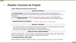 Modelo: Contrato de Projeto
Projeto: Redução das perdas por parada de linha.
Na Cervejaria Cevada, estão ocorrendo paradas de linha, provocando a falha no planejamento das
operações diárias. No ano de 2014, o valor médio mensal das perdas decorrentes de paradas de linha foi
10% superior
ao mesmo período do ano anterior. T
otalizando as paradas, o prejuízo anual foi de US$ 1.800.000,00.
Reduzir em 50% das perdas por parada até dezembro/2015
*Recorrer a dados históricos da organização.
-
-
-
Os membros da equipe do projeto devem dedicar apenas 50% das suas horas de trabalho para o projeto;
Será necessário suporte de um especialista do setor de manutenção;
T
odos os custos envolvidos no projeto devem ser aprovados pelo Champion.
Daniel Fonseca (Black Belt – Líder do Projeto), Leonel Marques (Operações), Felipe Lopes (Manutenção),
Gabriel Couto (Champion – Gerente de Fábrica) e Alfredo Portugal (Sponsor).
Definição (09/08/2015), Medição (20/09/2015), Análise (17/10/2015), Melhoria (28/11/2015), Controle (14/12/2015).
Cronograma Preliminar (Data Limite)
Equipe do Projeto e Responsabilidades
Restrições e Suposições
Avaliação do Histórico do Problema
Definição da Meta
Descrição do Problema
 