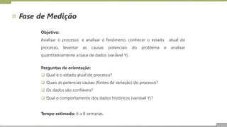 Fase de Medição
Objetivo:
Analisar o processo e analisar o fenômeno, conhecer o estado atual do
analisar
processo, levantar as causas potenciais do problema e
quantitativamente a base de dados (variável Y).
Perguntas de orientação:
 Qual é o estado atual do processo?
 Quais as potencias causas (fontes de variação) do processo?
 Os dados são confiáveis?
 Qual o comportamento dos dados históricos (variável Y)?
Tempo estimado: 6 a 8 semanas.
 