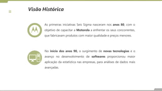 Visão Histórica
As primeiras iniciativas Seis Sigma nasceram nos anos 80, com o
objetivo de capacitar a Motorola a enfrentar os seus concorrentes,
que fabricavam produtos com maior qualidade e preços menores.
No início dos anos 90, o surgimento de novas tecnologias e o
avanço no desenvolvimento de softwares proporcionou maior
aplicação da estatística nas empresas, para análises de dados mais
avançadas.
 