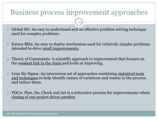 Business process improvement approaches
(C) The School of Continuous Improvement
15
1. Global 8D: An easy to understand and an effective problem solving technique
used for complex problems.
2. Kaizen Blitz: An easy to deploy mechanism used for relatively simpler problems
intended to drive small improvements.
3. Theory of Constraints: A scientific approach to improvement that focuses on
the weakest link in the chain and looks at improving.
4. Lean Six Sigma: An interwoven set of approaches combining statistical tools
and techniques to help identify causes of variations and wastes in the process
and reduce them.
5. PDCA: Plan, Do, Check and Act is a reiterative process for improvements where
closing of one project drives another.
 
