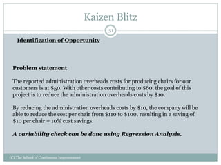 Kaizen Blitz
(C) The School of Continuous Improvement
51
Identification of Opportunity
Problem statement
The reported administration overheads costs for producing chairs for our
customers is at $50. With other costs contributing to $60, the goal of this
project is to reduce the administration overheads costs by $10.
By reducing the administration overheads costs by $10, the company will be
able to reduce the cost per chair from $110 to $100, resulting in a saving of
$10 per chair = 10% cost savings.
A variability check can be done using Regression Analysis.
 