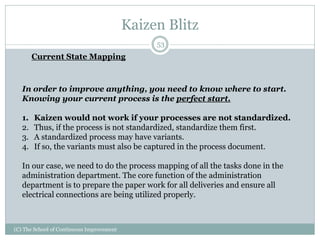 Kaizen Blitz
(C) The School of Continuous Improvement
53
Current State Mapping
In order to improve anything, you need to know where to start.
Knowing your current process is the perfect start.
1. Kaizen would not work if your processes are not standardized.
2. Thus, if the process is not standardized, standardize them first.
3. A standardized process may have variants.
4. If so, the variants must also be captured in the process document.
In our case, we need to do the process mapping of all the tasks done in the
administration department. The core function of the administration
department is to prepare the paper work for all deliveries and ensure all
electrical connections are being utilized properly.
 