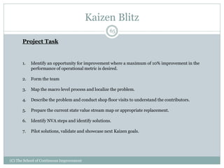 Kaizen Blitz
(C) The School of Continuous Improvement
65
Project Task
1. Identify an opportunity for improvement where a maximum of 10% improvement in the
performance of operational metric is desired.
2. Form the team
3. Map the macro level process and localize the problem.
4. Describe the problem and conduct shop floor visits to understand the contributors.
5. Prepare the current state value stream map or appropriate replacement.
6. Identify NVA steps and identify solutions.
7. Pilot solutions, validate and showcase next Kaizen goals.
 