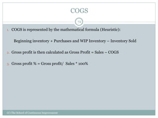 COGS
1. COGS is represented by the mathematical formula (Heuristic):
Beginning inventory + Purchases and WIP Inventory – Inventory Sold
2. Gross profit is then calculated as Gross Profit = Sales – COGS
3. Gross profit % = Gross profit/ Sales * 100%
72
(C) The School of Continuous Improvement
 
