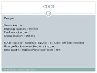 COGS
Example
Sales = $200,000
Beginning inventory = $10,000
Purchases = $100,000
Ending inventory = $50,000
COGS = $10,000 + $100,000 - $50,000 = $110,000 - $50,000 = $60,000
Gross profit = $200,000 - $60,000 = $140,000
Gross profit % = $140,000/$200,000 * 100% = 70%
74
(C) The School of Continuous Improvement
 