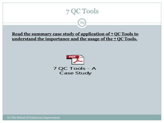 7 QC Tools
89
(C) The School of Continuous Improvement
Read the summary case study of application of 7 QC Tools to
understand the importance and the usage of the 7 QC Tools.
 