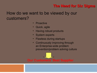 How do we want to be viewed by our
customers?
• Proactive
• Quick, agile
• Having robust products
• System experts
• Flawless during startups
• Continuously improving through
an Enterprise-wide problem
prevention/problem solving culture
Our Customers’ Best Supplier
The Need for Six SigmaThe Need for Six Sigma
 