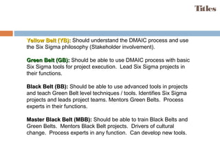 Titles
Yellow Belt (YB):Yellow Belt (YB): Should understand the DMAIC process and use
the Six Sigma philosophy (Stakeholder involvement).
Green Belt (GB):Green Belt (GB): Should be able to use DMAIC process with basic
Six Sigma tools for project execution. Lead Six Sigma projects in
their functions.
Black Belt (BB):Black Belt (BB): Should be able to use advanced tools in projects
and teach Green Belt level techniques / tools. Identifies Six Sigma
projects and leads project teams. Mentors Green Belts. Process
experts in their functions.
Master Black Belt (MBB):Master Black Belt (MBB): Should be able to train Black Belts and
Green Belts. Mentors Black Belt projects. Drivers of cultural
change. Process experts in any function. Can develop new tools.
 