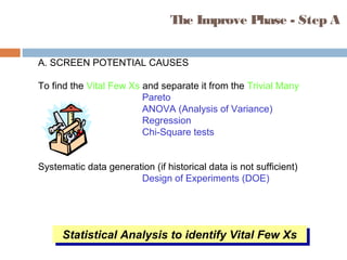 A. SCREEN POTENTIAL CAUSES
To find the Vital Few Xs and separate it from the Trivial Many
Pareto
ANOVA (Analysis of Variance)
Regression
Chi-Square tests
Systematic data generation (if historical data is not sufficient)
Design of Experiments (DOE)
Statistical Analysis to identify Vital Few XsStatistical Analysis to identify Vital Few Xs
The Improve Phase - Step A
 
