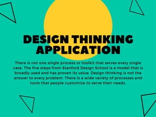 DESIGN THINKING
APPLICATION
There is not one single process or toolkit that serves every single
case. The five steps from ...