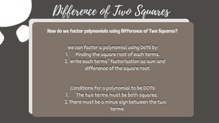 How do we factor polynomials using Difference of Two Squares?
The two terms must be a polynomial.
There must be a minus sign between the two
terms
Conditions for a polynomial to be DOTS:
1.
2.
The two terms must be both squares.
There must be a minus sign between the two
terms
Conditions for a polynomial to be DOTS:
1.
2.
Finding the square root of each terms.
Write each terms’ factorization as sum and
difference of the square root.
We can factor a polynomial using DoTS by:
1.
2.
Finding the square root of each terms.
Write each terms’ factorization as sum and
difference of the square root.
We can factor a polynomial using DoTS by:
1.
2.
Difference of Two Squares
 