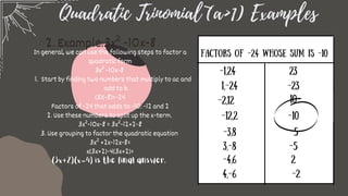 Quadratic Trinomial (a>1) Examples
Factors of -24 whose sum is -10
Start by finding two numbers that multiply to ac and
add to b.
In general, we can use the following steps to factor a
quadratic form
3x² -10x-8
1.
(3)(-8)=-24
Factors of -24 that adds to -10: -12 and 2
2. Use these numbers to split up the x-term.
3x²-10x-8 = 3x²-12+2-8
3. Use grouping to factor the quadratic equation
3x² +2x-12x-8=
x(3x+2)-4(3x+2)=
(3x+2)(x-4) is the final answer.
2. Example:3x² -10x-8
-1,24
1,-24
-2,12
-12,2
-3,8
3,-8
-4,6
4,-6
23
-23
10
-10
5
-5
2
-2
 