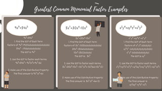 Greatest Common Monomial Factor Examples
9x⁹+54x⁵ 5x⁷+30x⁴-10x³ x²y⁴+xy⁶z²+x⁵y²
9x⁹+54x⁵
1. Find the GCF of Each Term
factors of: 9x⁹: (9)(1)(x)(x)(x)(x)(x)(x)(x)(x)(x)
54x⁵ : (9)(6)(x)(x)(x)(x)(x)
The GCF is: 9x⁵
2. Use the GCF to factor each terms.
9x⁹+54x⁵ = 9x⁵(x⁴)+9x⁵ (6)
3. Make use of the Distributive Property:
The final answer is 9x⁵ (x⁴+6)
5x⁷+30x⁴-10x³
1. Find the GCF of Each Term
factors of: 5x⁷: (1)(5)(x)(x)(x)(x)(x)(x)(x)
30x⁴: (5)(6)(x)(x)(x)(x)
10x³: (5)(2)(x)(x)(x)
The GCF is: 5x³
2. Use the GCF to factor each terms.
5x⁷+30x⁴-10x³ = 5x³ (x⁴)+ 5x³(6x)-5x³ (2)
3. Make use of the Distributive Property:
The final answer is 5x³ (x⁴ +6x-2)
x² y⁴ +xy⁶z² +x⁵ y²
1. Find the GCF of Each Term
factors of: x² y⁴: (x)(x)(y)(y)
xy⁶z² : (x)(y)(y)(y)(y)(y)(y)(z)(z)
x⁵ y² :(x)(x)(x)(x)(x)(y)(y)
The GCF is: xy²
2. Use the GCF to factor each terms.
x²y⁴+xy⁶z²+x⁵y²= xy²(xy²)+xy² (y⁴z²) +xy² (x⁴)
3. Make use of the Distributive Property:
The final answer is
xy²(xy² +y⁴z² +x⁴)
 