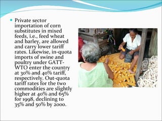 Private sector importation of corn substitutes in mixed feeds, i.e., feed wheat and barley, are allowed and carry lower tariff rates. Likewise, in-quota imports of swine and poultry under GATT-WTO enter the country at 30% and 40% tariff, respectively. Out-quota tariff rates for the two commodities are slightly higher at 40% and 65% for 1998, declining to 35% and 50% by 2000. 
