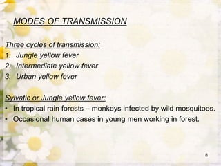 MODES OF TRANSMISSION
Three cycles of transmission:
1. Jungle yellow fever
2. Intermediate yellow fever
3. Urban yellow fever
Sylvatic or Jungle yellow fever:
• In tropical rain forests – monkeys infected by wild mosquitoes.
• Occasional human cases in young men working in forest.
8
 