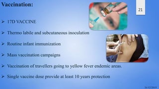 21
Vaccination:
 17D VACCINE
 Thermo labile and subcutaneous inoculation
 Routine infant immunization
 Mass vaccination campaigns
 Vaccination of travellers going to yellow fever endemic areas.
 Single vaccine dose provide at least 10 years protection
 