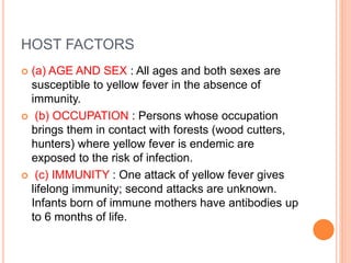 HOST FACTORS
 (a) AGE AND SEX : All ages and both sexes are
susceptible to yellow fever in the absence of
immunity.
 (b) OCCUPATION : Persons whose occupation
brings them in contact with forests (wood cutters,
hunters) where yellow fever is endemic are
exposed to the risk of infection.
 (c) IMMUNITY : One attack of yellow fever gives
lifelong immunity; second attacks are unknown.
Infants born of immune mothers have antibodies up
to 6 months of life.
 