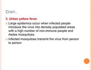 CONT..
3. Urban yellow fever.
 Large epidemics occur when infected people
introduce the virus into densely populated areas
with a high number of non-immune people and
Aedes mosquitoes.
 Infected mosquitoes transmit the virus from person
to person
 