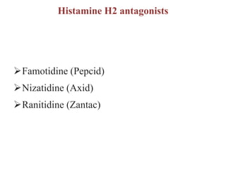 Histamine H2 antagonists
Famotidine (Pepcid)
Nizatidine (Axid)
Ranitidine (Zantac)
 