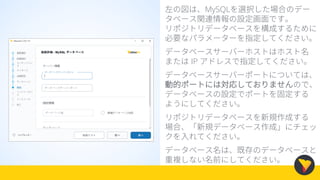 左の図は、MySQLを選択した場合のデー
タベース関連情報の設定画面です。
リポジトリデータベースを構成するために
必要なパラメーターを指定してください。
データベースサーバーホストはホスト名
または IP アドレスで指定してください。
データベースサーバーポートについては、
動的ポートには対応しておりませんので、
データベースの設定でポートを固定する
ようにしてください。
リポジトリデータベースを新規作成する
場合、「新規データベース作成」にチェッ
クを入れてください。
データベース名は、既存のデータベースと
重複しない名前にしてください。
 