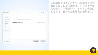 この画面ではインストールの進行状況を
確認することが可能です。インストール
先のサーバー環境やソフトウエア環境に
よっては、数分かかる場合があります。
 