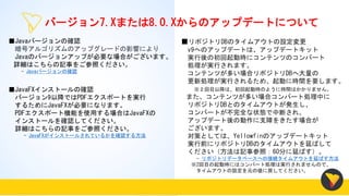 バージョン7.Xまたは8.0.Xからのアップデートについて
■JavaFXインストールの確認
バージョン9以降ではPDFエクスポートを実行
するためにJavaFXが必要になります。
PDFエクスポート機能を使用する場合はJavaFXの
インストールを確認してください。
詳細はこちらの記事をご参照ください。
- JavaFXがインストールされているかを確認する方法
■Javaバージョンの確認
暗号アルゴリズムのアップグレードの影響により
Javaのバージョンアップが必要な場合がございます。
詳細はこちらの記事をご参照ください。
- Javaバージョンの確認
■リポジトリDBのタイムアウトの設定変更
v9へのアップデートは、アップデートキット
実行後の初回起動時にコンテンツのコンバート
処理が実行されます。
コンテンツが多い場合リポジトリDBへ大量の
更新処理が実行されるため、起動に時間を要します。
※２回目以降は、初回起動時のように時間はかかりません。
また、コンテンツが多い場合コンバート処理中に
リポジトリDBとのタイムアウトが発生し、
コンバートが不完全な状態で中断され、
アップデート後の動作に支障をきたす場合が
ございます。
対策としては、Yellowfinのアップデートキット
実行前にリポジトリDBのタイムアウトを延ばして
ください（方法は記事参照：60分に延ばす）。
- リポジトリデータベースへの接続タイムアウトを延ばす方法
※2回目の起動時にはコンバート処理は実行されませんので、
タイムアウトの設定を元の値に戻してください。
 