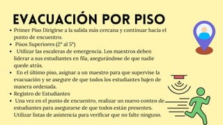 Evacuación por piso
Primer Piso Dirigirse a la salida más cercana y continuar hacia el
punto de encuentro.
Pisos Superiores (2° al 5°)
Utilizar las escaleras de emergencia. Los maestros deben
liderar a sus estudiantes en fila, asegurándose de que nadie
quede atrás.
En el último piso, asignar a un maestro para que supervise la
evacuación y se asegure de que todos los estudiantes bajen de
manera ordenada.
Registro de Estudiantes
Una vez en el punto de encuentro, realizar un nuevo conteo de
estudiantes para asegurarse de que todos están presentes.
Utilizar listas de asistencia para verificar que no falte ninguno.
 