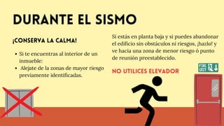 durante el sismo
Si te encuentras al interior de un
inmueble:
Alejate de la zonas de mayor riesgo
previamente identificadas.
¡Conserva la calma!
Si estás en planta baja y si puedes abandonar
el edificio sin obstáculos ni riesgos, ¡hazlo! y
ve hacia una zona de menor riesgo ó punto
de reunión preestablecido.
No utilices elevador
 