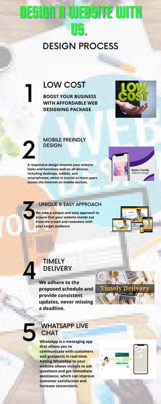 LOW COST
BOOST YOUR BUSINESS
WITH AFFORDABLE WEB
DESIGNING PACKAGE
DESIGN PROCESS
1
MOBILE FREINDLY
DESIGN
2
UNIQUE & EASY APPROACH
We take a unique and easy approach to
ensure that your website stands out
from the crowd and resonates with
your target audience.
3
TIMELY
DELIVERY
We adhere to the
proposed schedule and
provide consistent
updates, never missing
a deadline.
4
WHATSAPP LIVE
CHAT
WhatsApp is a messaging app
that allows you to
communicate with customers
and prospects in real-time.
Adding WhatsApp to your
website allows visitors to ask
questions and get immediate
assistance, which can improve
customer satisfaction and
increase conversions.
5
A responsive design ensures your website
looks and functions well on all devices,
including desktops, tablets, and
smartphones, which is crucial as more users
access the internet on mobile devices.
DESIGN A WEBSITE WITH
DESIGN A WEBSITE WITH
DESIGN A WEBSITE WITH
US.
US.
US.
 