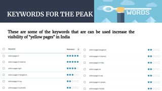 KEYWORDS FOR THE PEAK
These are some of the keywords that are can be used increase the
visibility of “yellow pages” in India
 