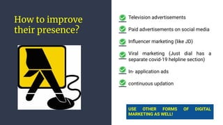 How to improve
their presence?
Television advertisements
Paid advertisements on social media
Inﬂuencer marketing (like JD)
Viral marketing (Just dial has a
separate covid-19 helpline section)
In- application ads
continuous updation
USE OTHER FORMS OF DIGITAL
MARKETING AS WELL!
 