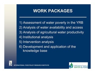 WORK PACKAGES

      1) Assessment of water poverty in the YRB
      2) Analysis of water availability and access
      3) Analysis of agricultural water productivity
      4) Institutional analysis
      5) I t
         Intervention analysis
                   ti      l i
      6) Development and application of the
         knowledge base



INTERNATIONAL FOOD POLICY RESEARCH INSTITUTE
 