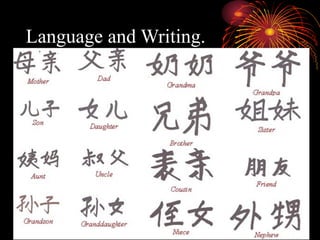 Language and Writing.
• Many dialects were spoken.
• The Chinese method of writing, each character
stands for an idea, not a sound.
• People in all parts of China could learn the same
system of writing.
• To be barely literate one had to know 1,000
characters. (Not just 26 letters)
 