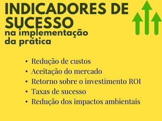 INDICADORES DE
SUCESSO
na implementação
da prática
• Redução de custos
• Aceitação do mercado
• Retorno sobre o investimento ROI
• Taxas de sucesso
• Redução dos impactos ambientais
 
