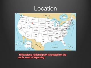 Location
Yellowstone national park is located on the
north, west of Wyoming.
 
