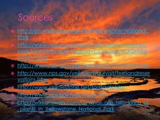 http://en.wikipedia.org/wiki/Yellowstone_National_Parkhttp://www.npca.org/parks/yellowstone-national-park.html?adwords=1&gclid=CILY0JeisKYCFQNrKgodbD7QoQhttp://www.nps.gov/yell/naturescience/plants.htmhttp://www.nps.gov/yell/planyourvisit/feesandreservations.htmhttp://www.yellowstone.net/fastfacts.htmhttp://www.nps.gov/yell/index.htmhttp://wiki.answers.com/Q/What_are_two_kinds_of_plants_in_Yellowstone_National_ParkSources