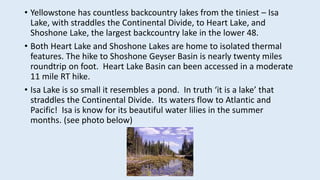 • Yellowstone has countless backcountry lakes from the tiniest – Isa
Lake, with straddles the Continental Divide, to Heart Lake, and
Shoshone Lake, the largest backcountry lake in the lower 48.
• Both Heart Lake and Shoshone Lakes are home to isolated thermal
features. The hike to Shoshone Geyser Basin is nearly twenty miles
roundtrip on foot. Heart Lake Basin can been accessed in a moderate
11 mile RT hike.
• Isa Lake is so small it resembles a pond. In truth ‘it is a lake’ that
straddles the Continental Divide. Its waters flow to Atlantic and
Pacific! Isa is know for its beautiful water lilies in the summer
months. (see photo below)
 