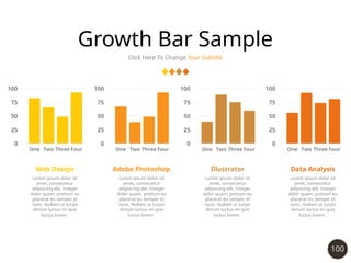 100
Growth Bar Sample
Click Here To Change Your Subtitle
Web Design
Lorem ipsum dolor sit
amet, consectetur
adipiscing elit. Integer
dolor quam, pretium eu
placerat eu semper et
nunc. Nullam ut turpis
dictum luctus mi quis
luctus lorem.
One Two Three Four
0
25
50
100
75
One Two Three Four
0
25
50
100
75
Adobe Photoshop
Lorem ipsum dolor sit
amet, consectetur
adipiscing elit. Integer
dolor quam, pretium eu
placerat eu semper et
nunc. Nullam ut turpis
dictum luctus mi quis
luctus lorem.
Illustrator
Lorem ipsum dolor sit
amet, consectetur
adipiscing elit. Integer
dolor quam, pretium eu
placerat eu semper et
nunc. Nullam ut turpis
dictum luctus mi quis
luctus lorem.
Data Analysis
Lorem ipsum dolor sit
amet, consectetur
adipiscing elit. Integer
dolor quam, pretium eu
placerat eu semper et
nunc. Nullam ut turpis
dictum luctus mi quis
luctus lorem.
One Two Three Four
0
25
50
100
75
One Two Three Four
0
25
50
100
75
 