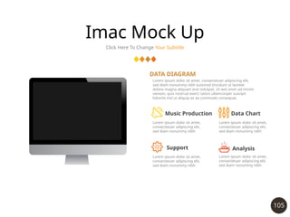 105
Imac Mock Up
Click Here To Change Your Subtitle
DATA DIAGRAM
Lorem ipsum dolor sit amet, consectetuer adipiscing elit,
sed diam nonummy nibh euismod tincidunt ut laoreet
dolore magna aliquam erat volutpat. Ut wisi enim ad minim
veniam, quis nostrud exerci tation ullamcorper suscipit
lobortis nisl ut aliquip ex ea commodo consequat.
Lorem ipsum dolor sit amet,
consectetuer adipiscing elit,
sed diam nonummy nibh
Music Production Data Chart
Lorem ipsum dolor sit amet,
consectetuer adipiscing elit,
sed diam nonummy nibh
Lorem ipsum dolor sit amet,
consectetuer adipiscing elit,
sed diam nonummy nibh
Support
Lorem ipsum dolor sit amet,
consectetuer adipiscing elit,
sed diam nonummy nibh
Analysis
 