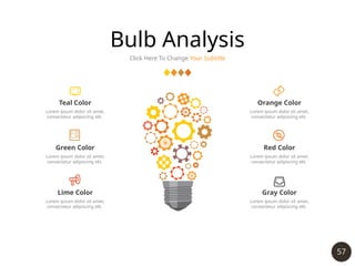 57
Bulb Analysis
Click Here To Change Your Subtitle
Teal Color
Lorem ipsum dolor sit amet,
consectetur adipiscing elit.
Green Color
Lorem ipsum dolor sit amet,
consectetur adipiscing elit.
Lime Color
Lorem ipsum dolor sit amet,
consectetur adipiscing elit.
Orange Color
Lorem ipsum dolor sit amet,
consectetur adipiscing elit.
Red Color
Lorem ipsum dolor sit amet,
consectetur adipiscing elit.
Gray Color
Lorem ipsum dolor sit amet,
consectetur adipiscing elit.
 