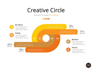 65
Creative Circle
Click Here To Change Your Subtitle
01 03 04
57%
Apple cake
35%
Apple cake
02
Lorem ipsum dolor sit amet,
consectetuer adipiscing elit, sed
diam
Lorem ipsum dolor sit amet,
consectetuer adipiscing elit, sed
diam
Lorem ipsum dolor sit amet,
consectetuer adipiscing elit, sed
diam
Lorem ipsum dolor sit amet,
consectetuer adipiscing elit, sed
diam
48%
Apple cake
62%
Apple cake
Lorem ipsum dolor sit
amet, consectetuer
adipiscing elit, sed diam
Air Plane
Lorem ipsum dolor sit
amet, consectetuer
adipiscing elit, sed diam
Catap
Lorem ipsum dolor sit
amet, consectetuer
adipiscing elit, sed diam
Banhxe
Lorem ipsum dolor sit
amet, consectetuer
adipiscing elit, sed diam
Pencil
 
