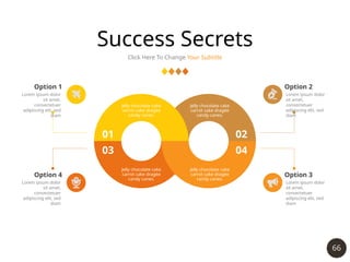 66
Success Secrets
Click Here To Change Your Subtitle
01
03
02
04
Jelly chocolate cake
carrot cake dragée
candy canes.
Jelly chocolate cake
carrot cake dragée
candy canes.
Jelly chocolate cake
carrot cake dragée
candy canes.
Jelly chocolate cake
carrot cake dragée
candy canes.
Lorem ipsum dolor
sit amet,
consectetuer
adipiscing elit, sed
diam
Option 2
Lorem ipsum dolor
sit amet,
consectetuer
adipiscing elit, sed
diam
Option 3
Lorem ipsum dolor
sit amet,
consectetuer
adipiscing elit, sed
diam
Option 1
Lorem ipsum dolor
sit amet,
consectetuer
adipiscing elit, sed
diam
Option 4
 